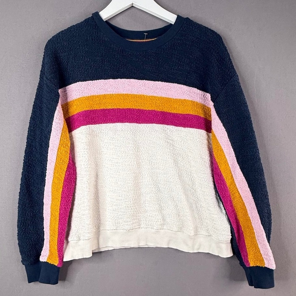 Faherty Vista Pullover Women L Navy Blue Striped Coastal Surf Casual Organic